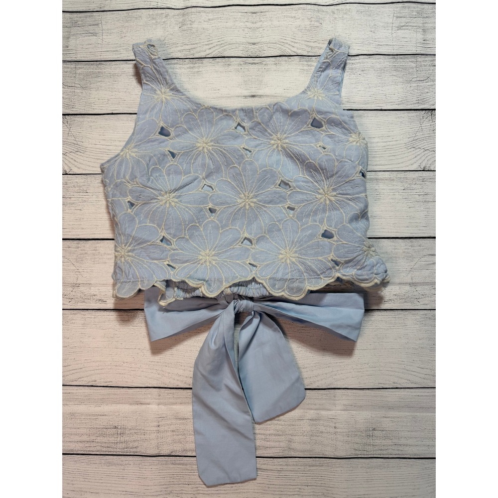 Blue Floral Eyelet Embroidered Flowers Crop Top Small Boho Cottagecore Casual